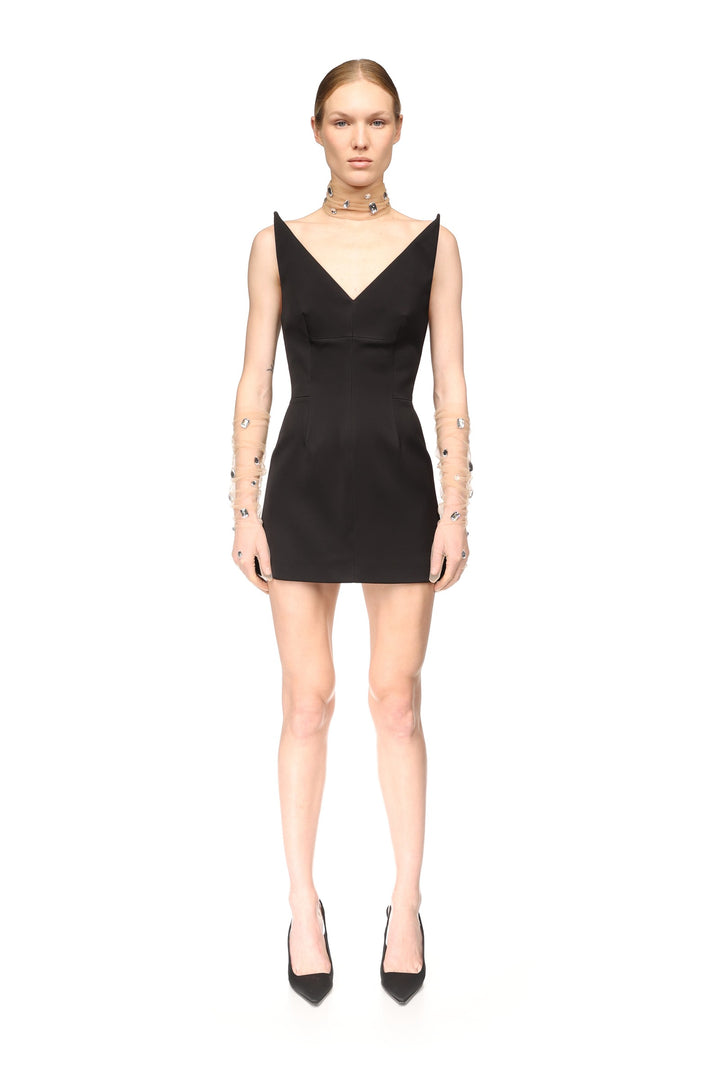 ALLOVER CRYSTAL EMBROIDERY TULLE CHOKER IN BEIGE