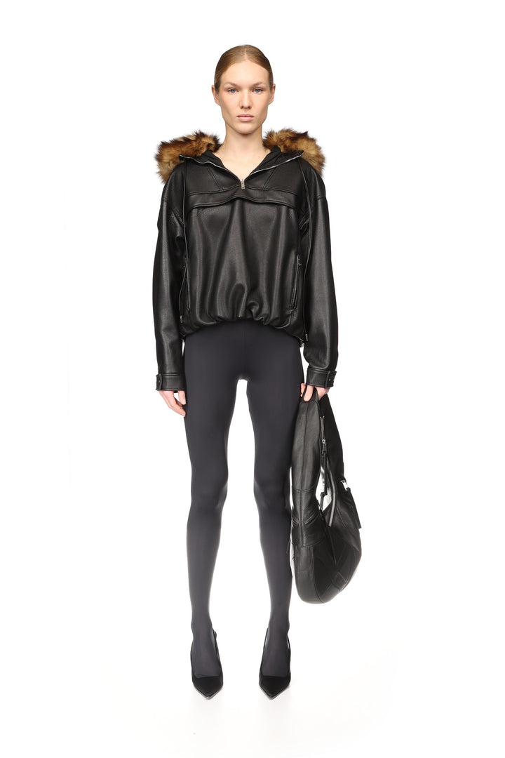 FAUX-FUR TRIMMED LEATHER HOODED ANORAK
