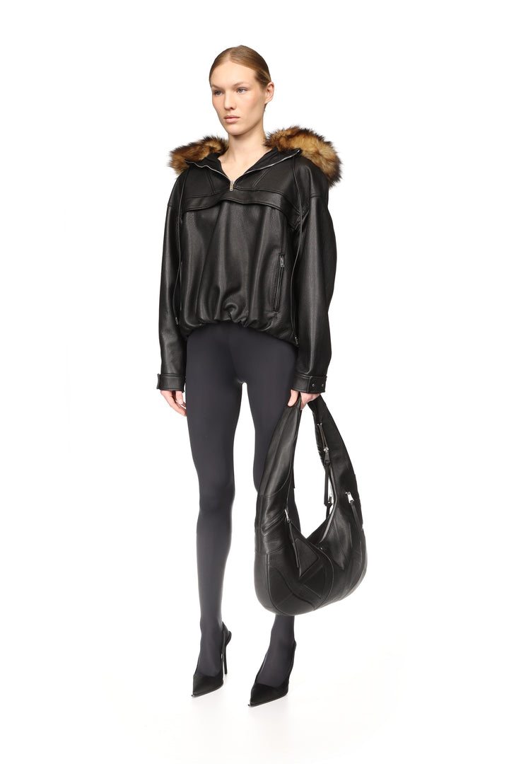 FAUX-FUR TRIMMED LEATHER HOODED ANORAK