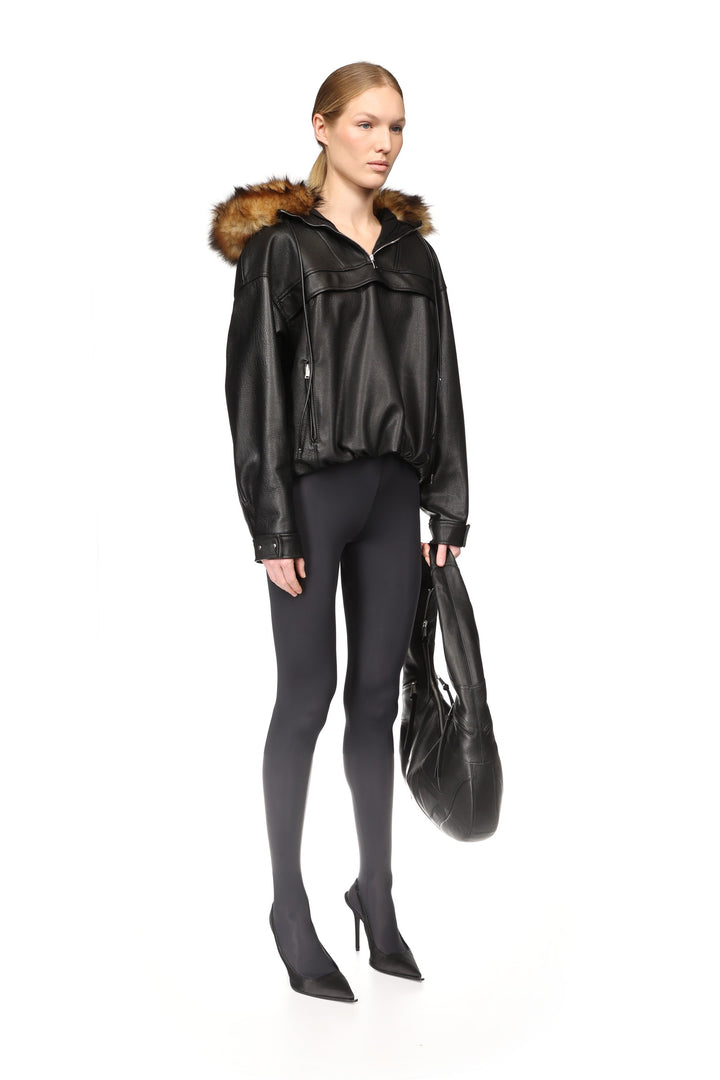 FAUX-FUR TRIMMED LEATHER HOODED ANORAK