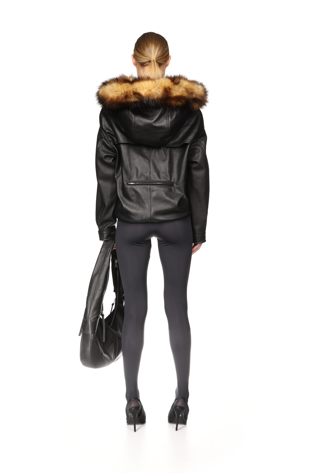 FAUX-FUR TRIMMED LEATHER HOODED ANORAK
