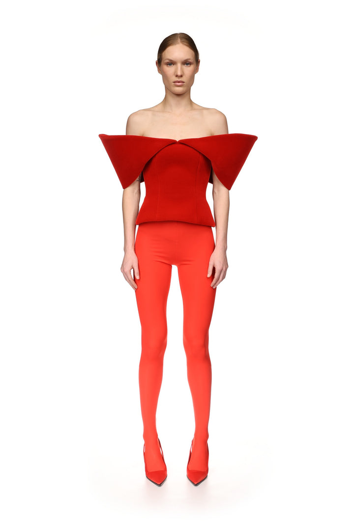 OFF SHOULDER SCULPTURED CORSET TOP IN RED