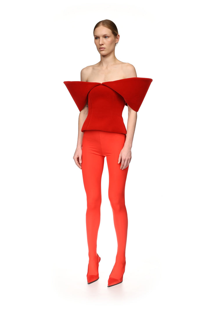 OFF SHOULDER SCULPTURED CORSET TOP IN RED