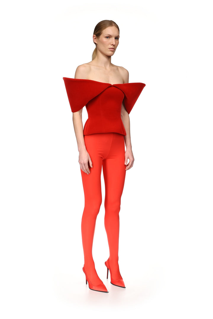 OFF SHOULDER SCULPTURED CORSET TOP IN RED