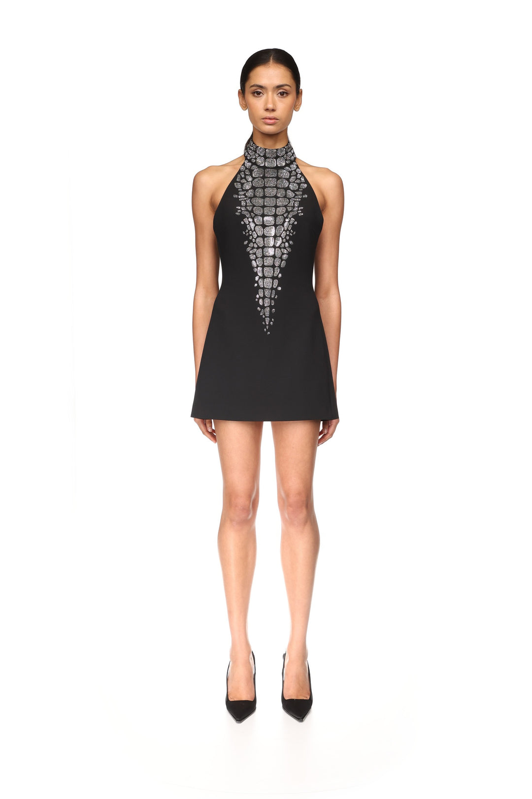 CROC RHINESTONE EMBROIDERY HALTERNECK MINI DRESS