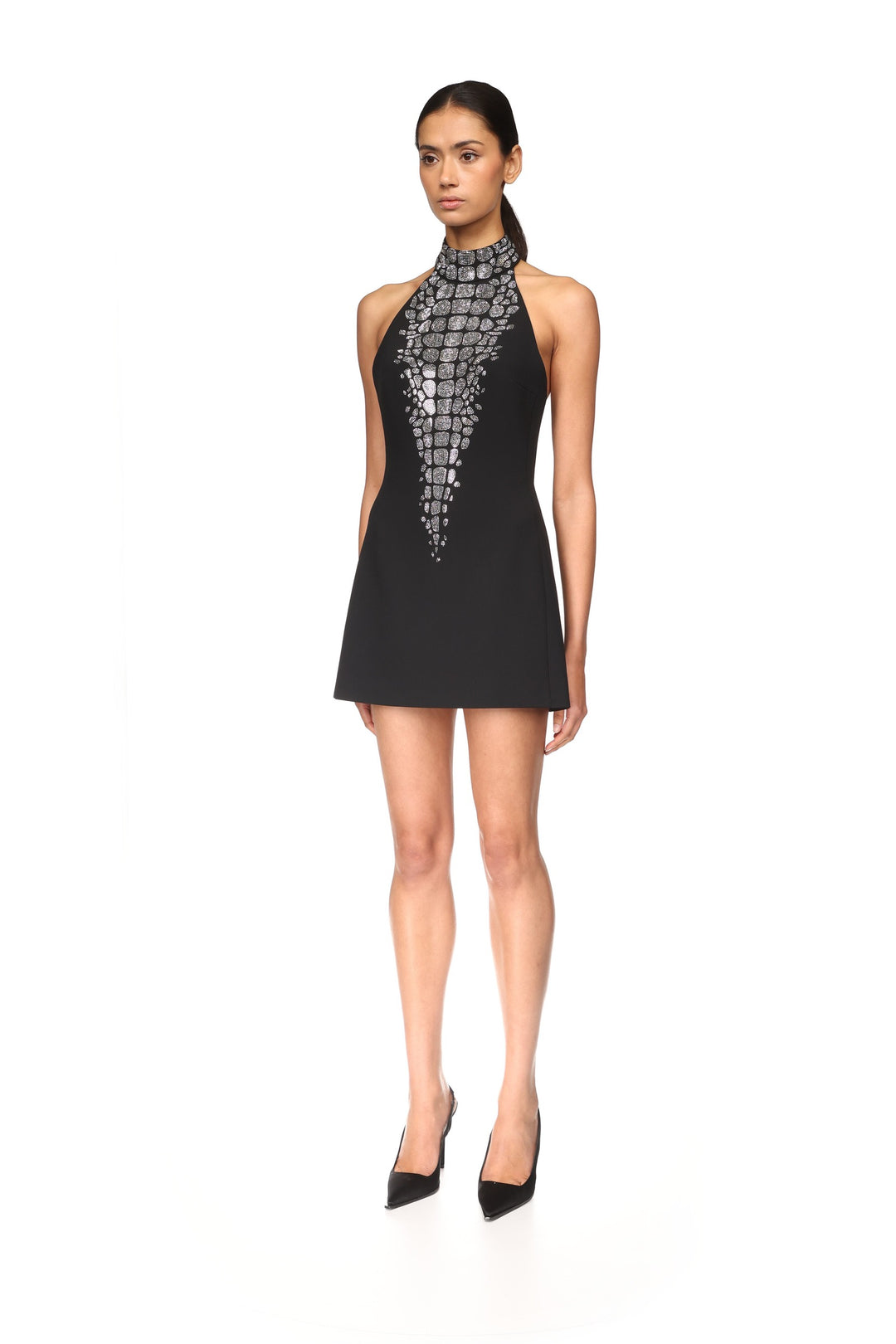 CROC RHINESTONE EMBROIDERY HALTERNECK MINI DRESS