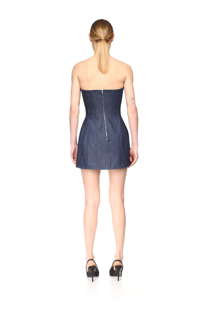 CRYSTAL EMBROIDERED DENIM AND CORSET MINI DRESS
