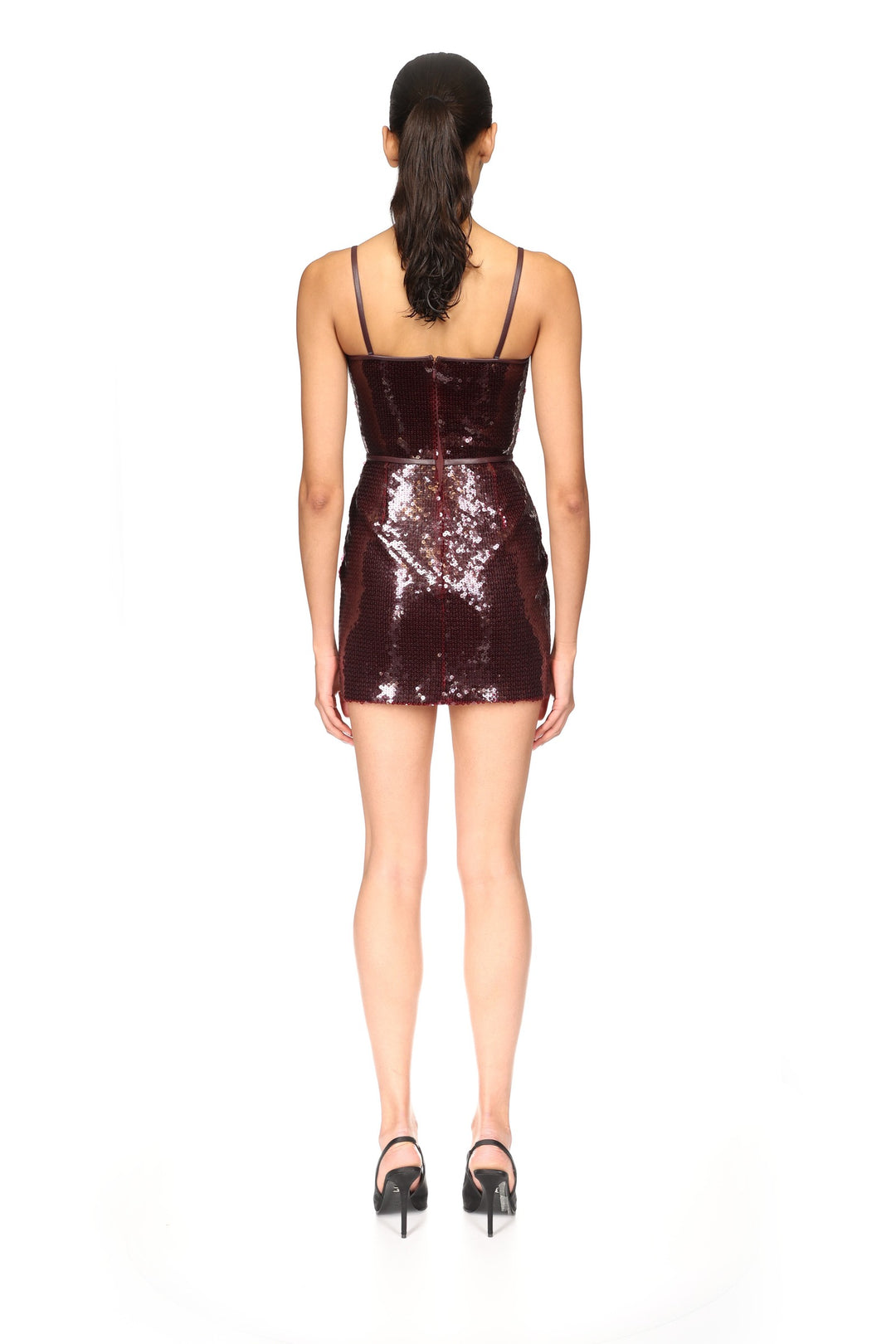 LEATHER TRIMMED MINI SEQUIN DRESS