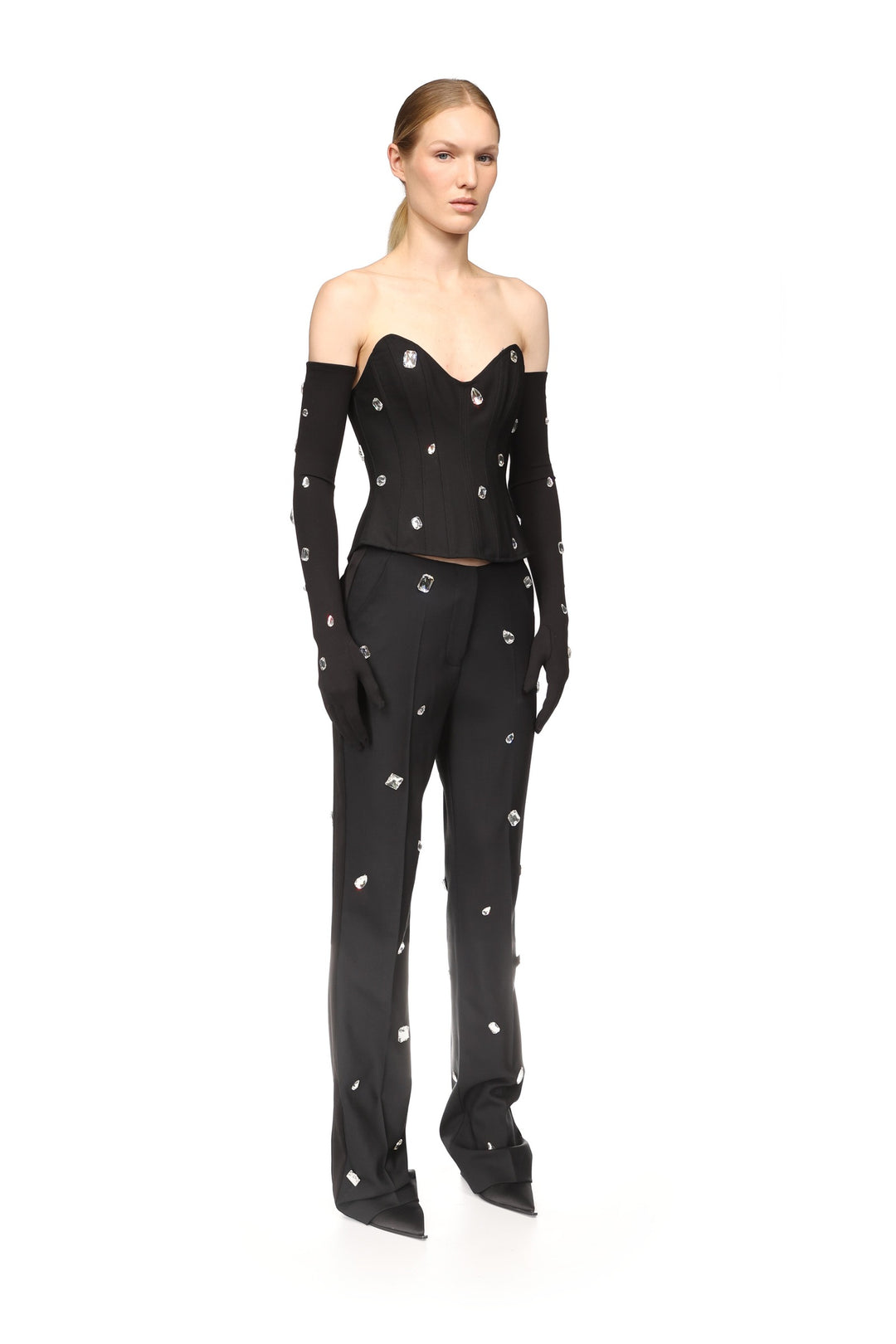 ALLOVER CRYSTAL EMBROIDERED LONG JERSEY GLOVES