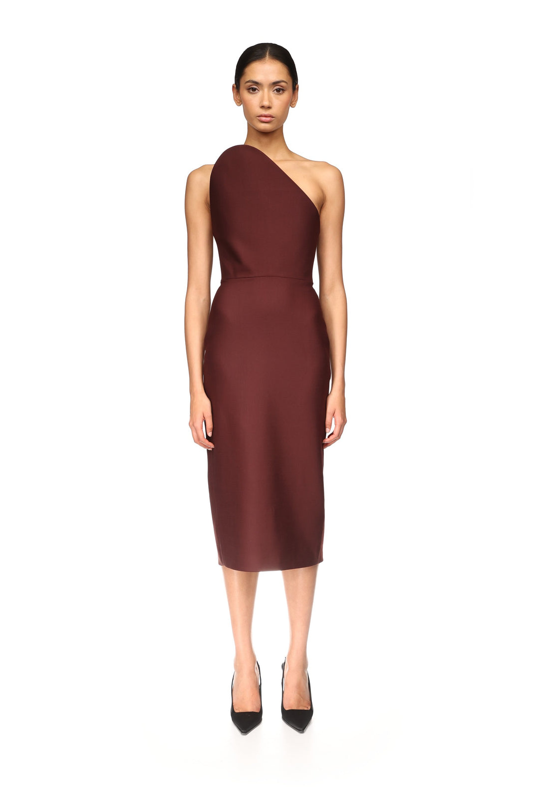 ASYMMETRIC CUT STRAPLESS MIDI DRESS