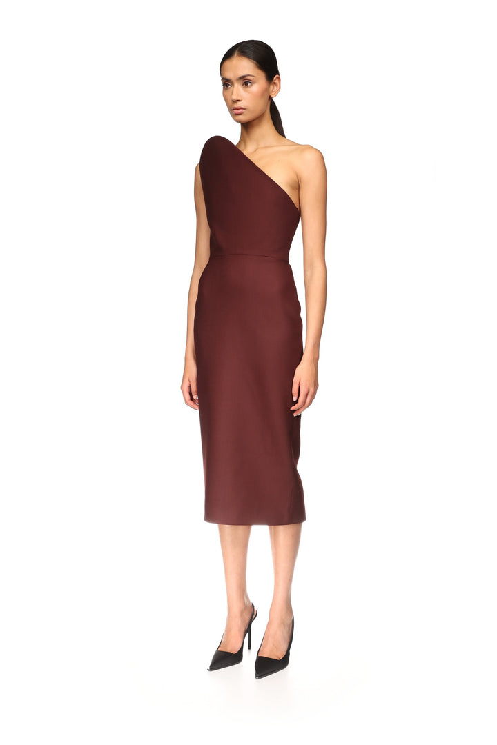 ASYMMETRIC CUT STRAPLESS MIDI DRESS