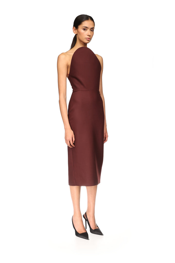 ASYMMETRIC CUT STRAPLESS MIDI DRESS
