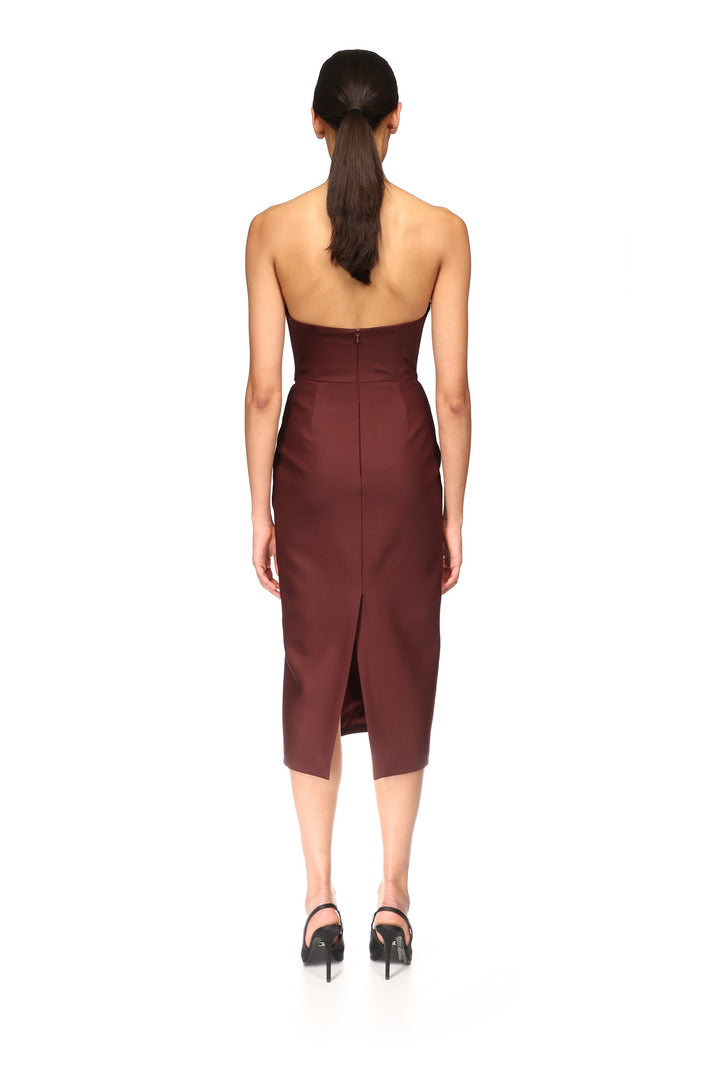 ASYMMETRIC CUT STRAPLESS MIDI DRESS