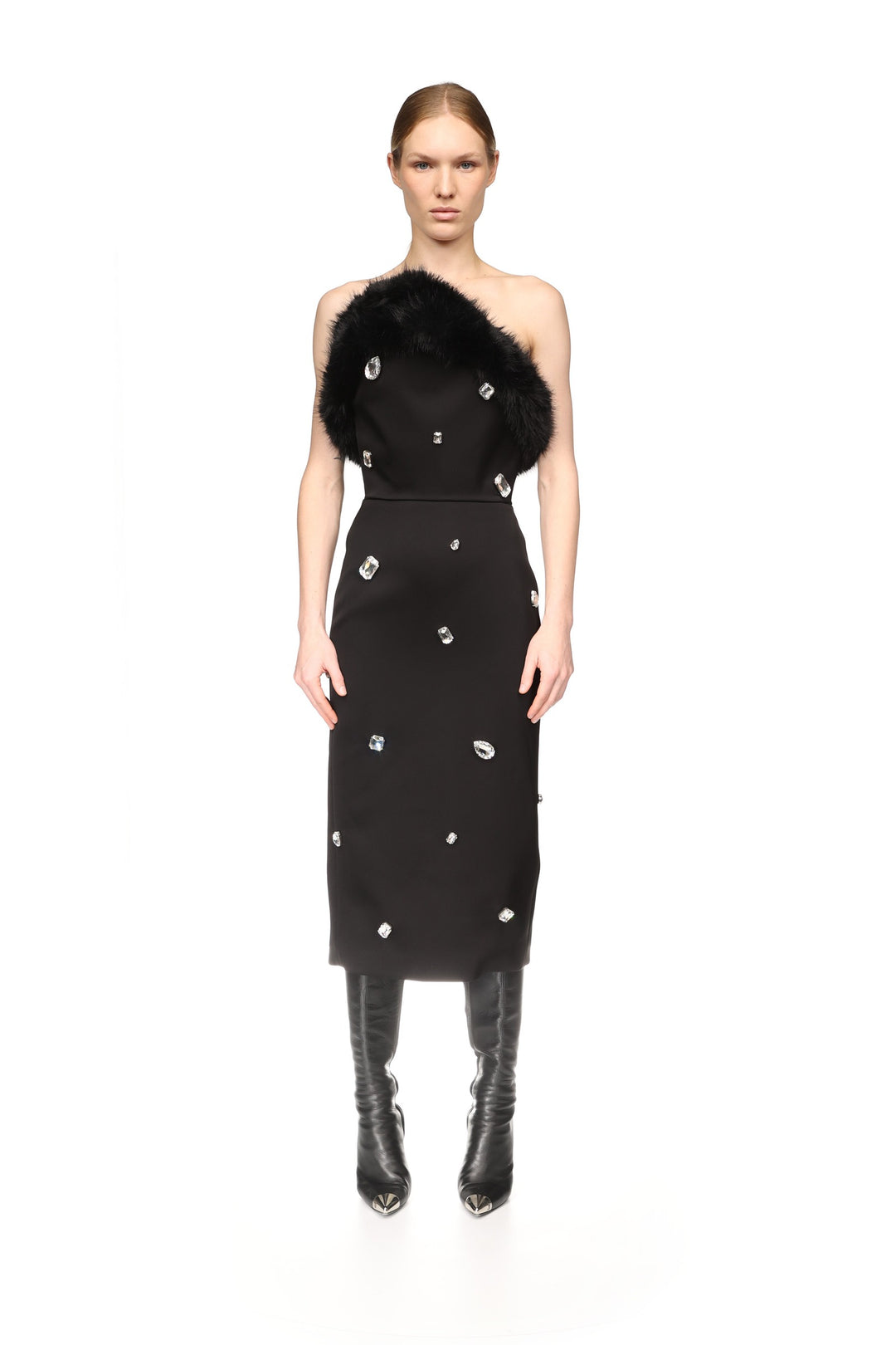 FAUX-FUR TRIM AND CRYSTAL EMBROIDERED MIDI DRESS