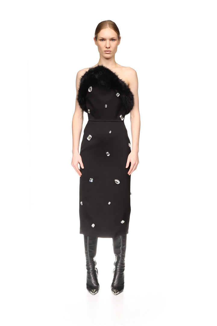 FAUX-FUR TRIM AND CRYSTAL EMBROIDERED MIDI DRESS