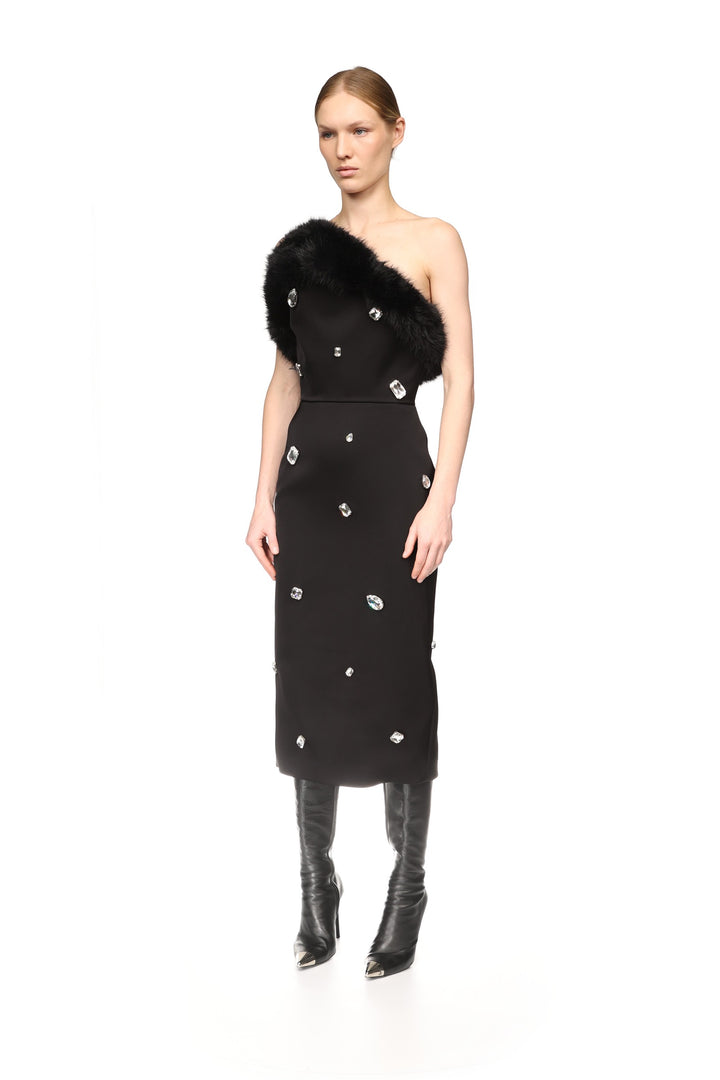FAUX-FUR TRIM AND CRYSTAL EMBROIDERED MIDI DRESS