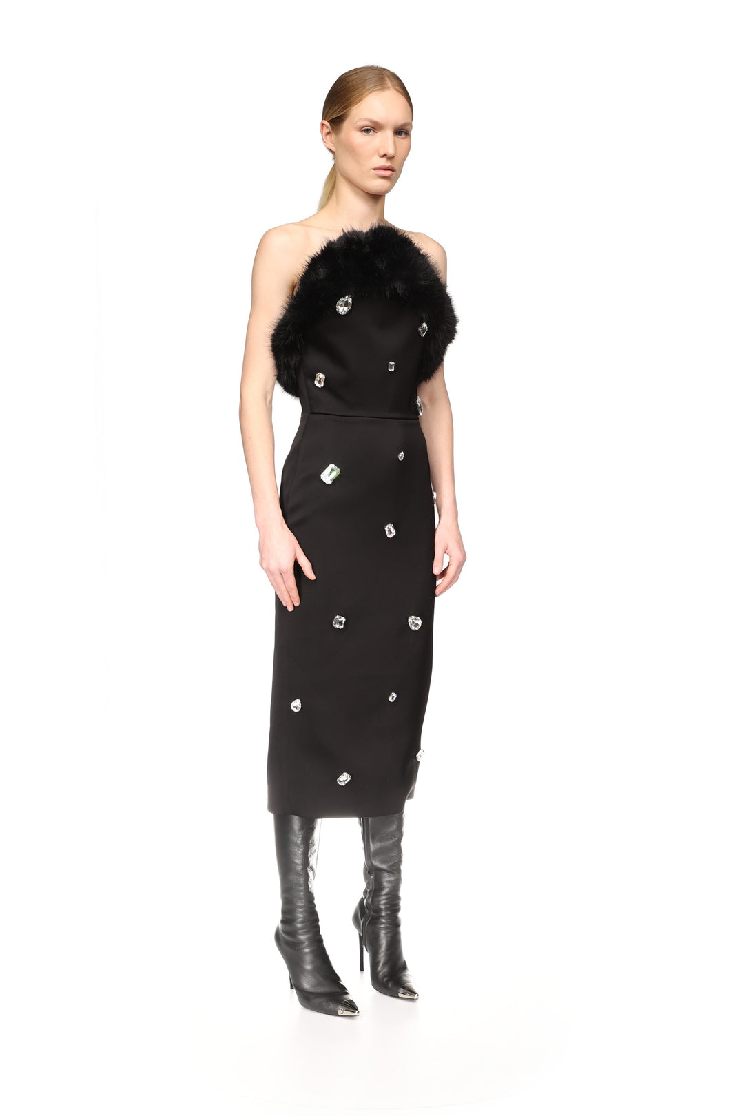 FAUX-FUR TRIM AND CRYSTAL EMBROIDERED MIDI DRESS