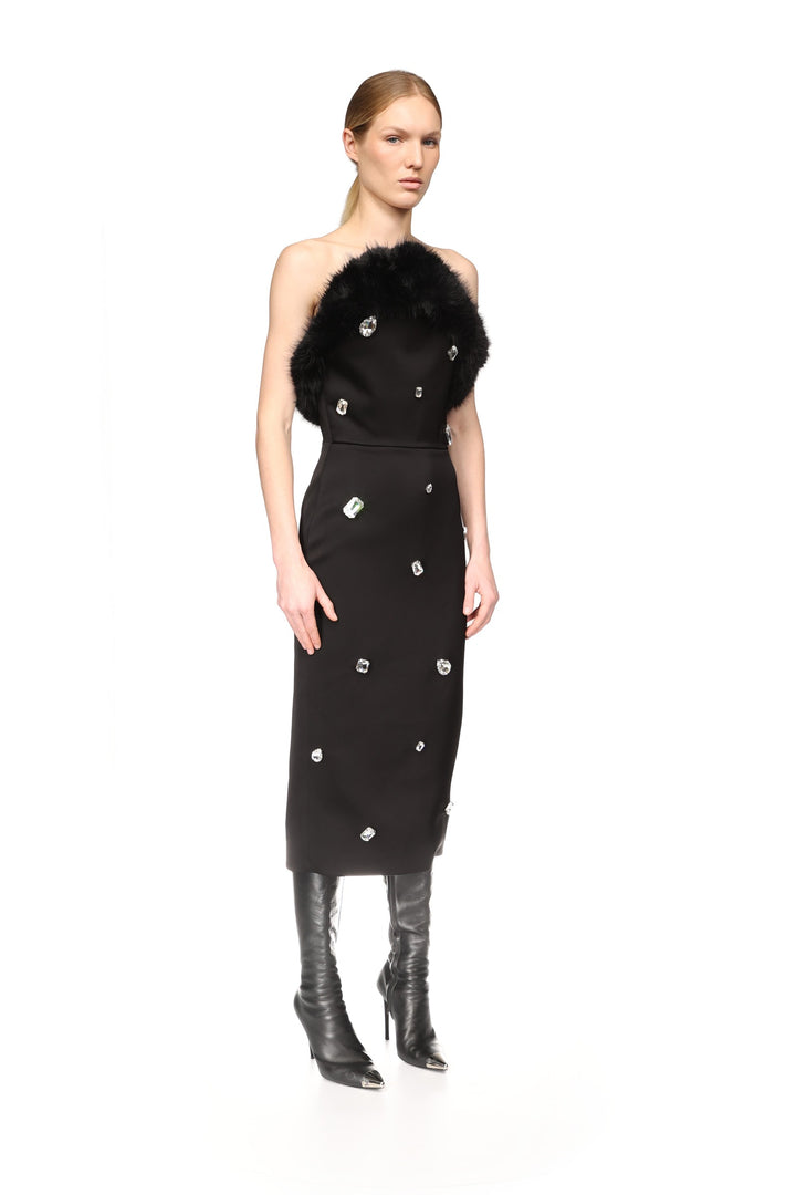 FAUX-FUR TRIM AND CRYSTAL EMBROIDERED MIDI DRESS