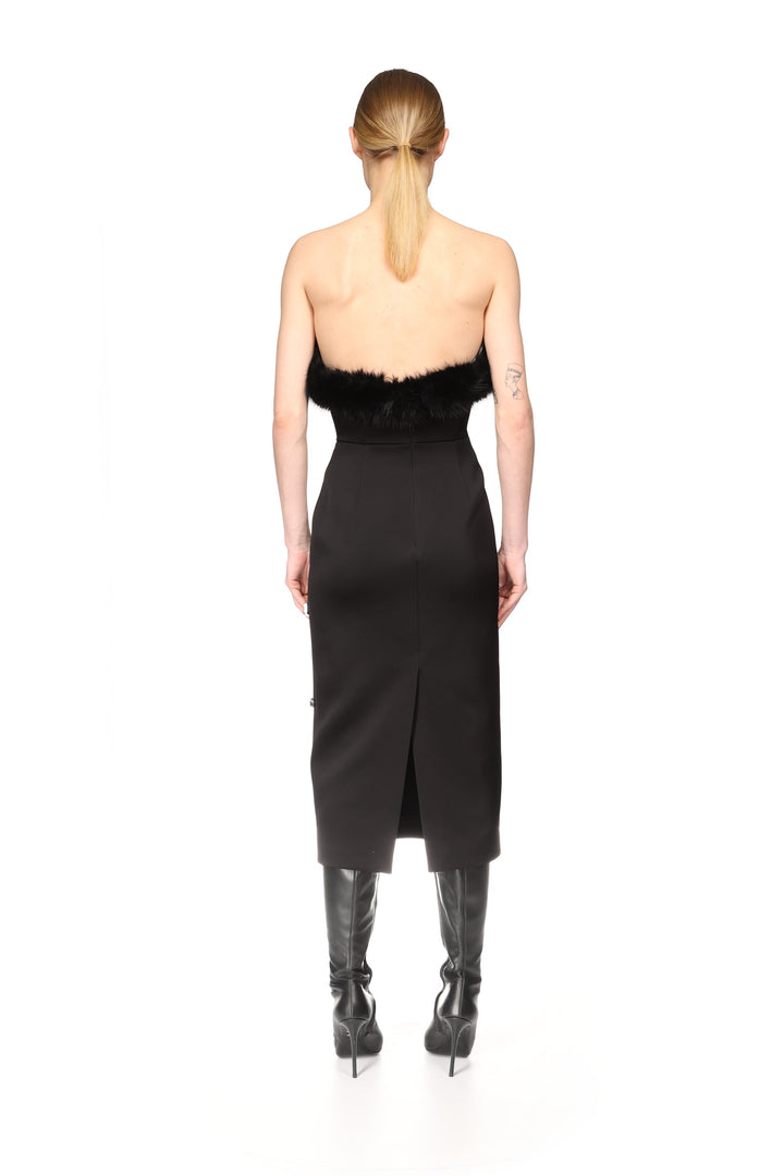 FAUX-FUR TRIM AND CRYSTAL EMBROIDERED MIDI DRESS