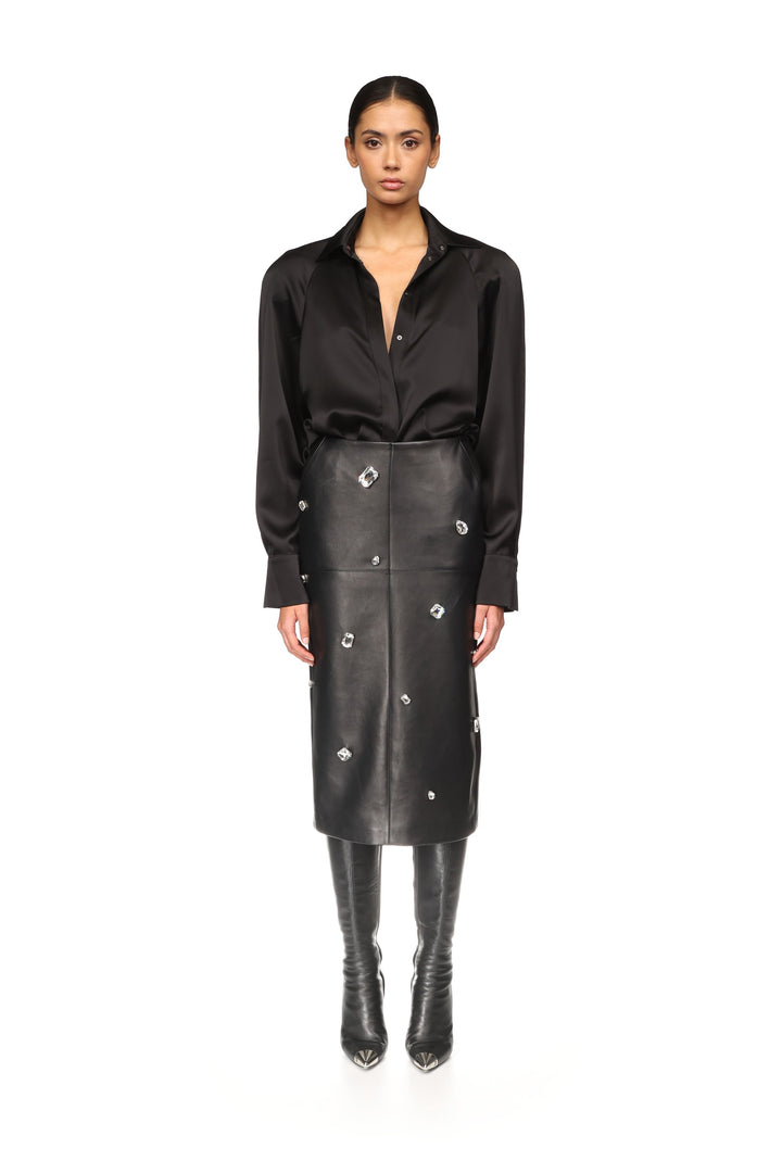 ALLOVER CRYSTAL EMBROIDERED LEATHER MIDI SKIRT