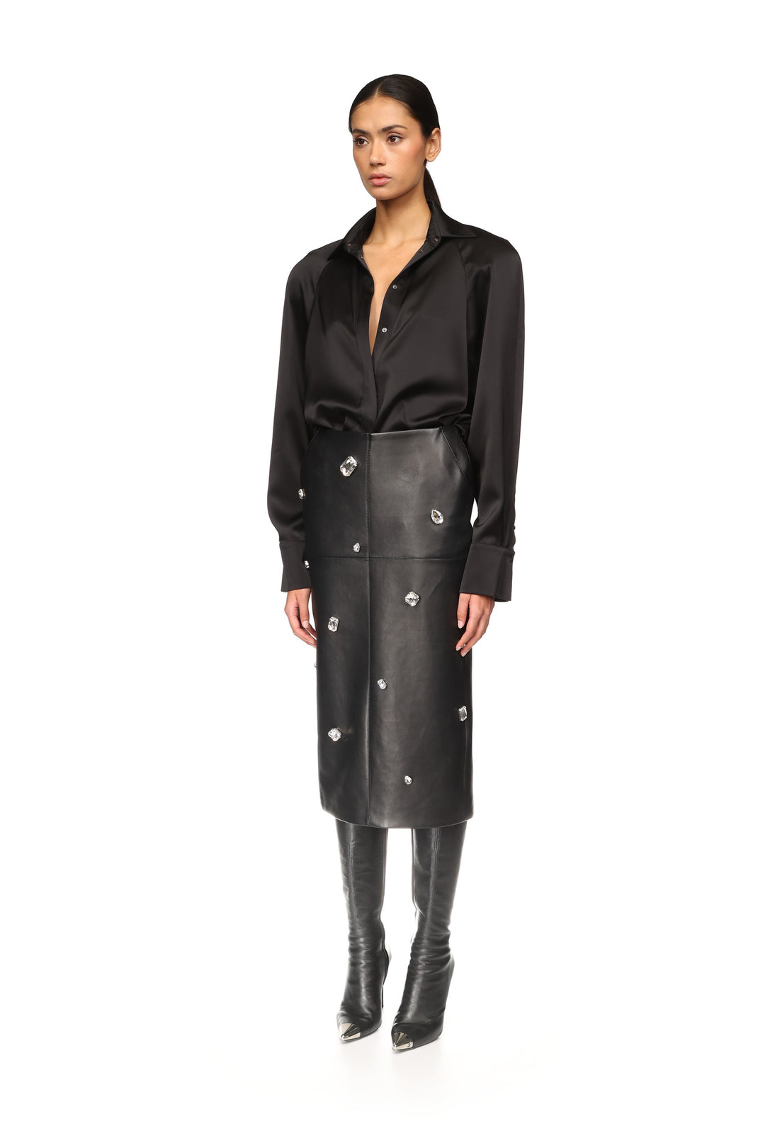 ALLOVER CRYSTAL EMBROIDERED LEATHER MIDI SKIRT