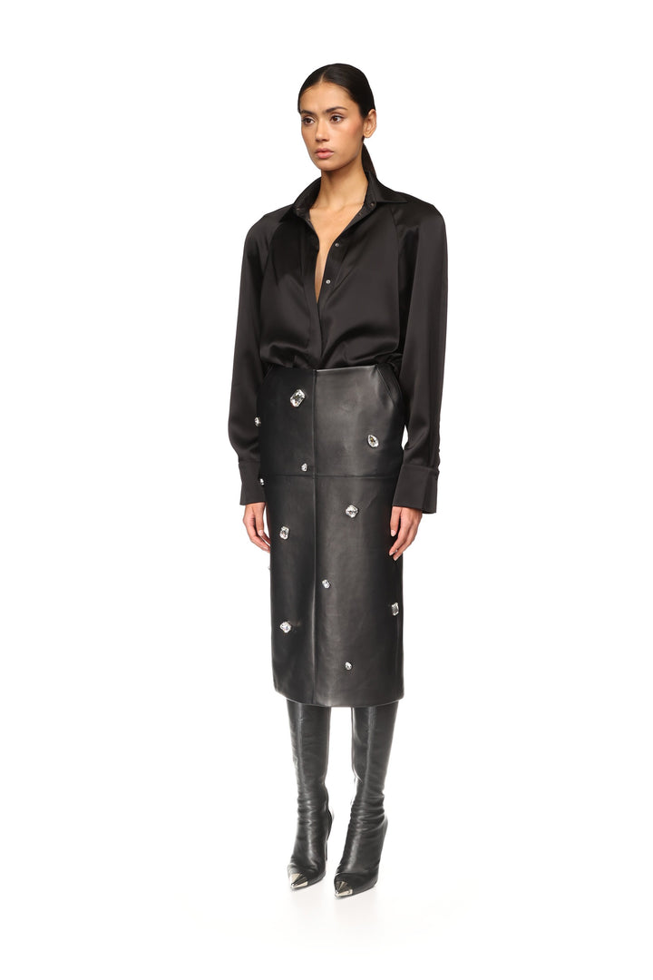 ALLOVER CRYSTAL EMBROIDERED LEATHER MIDI SKIRT