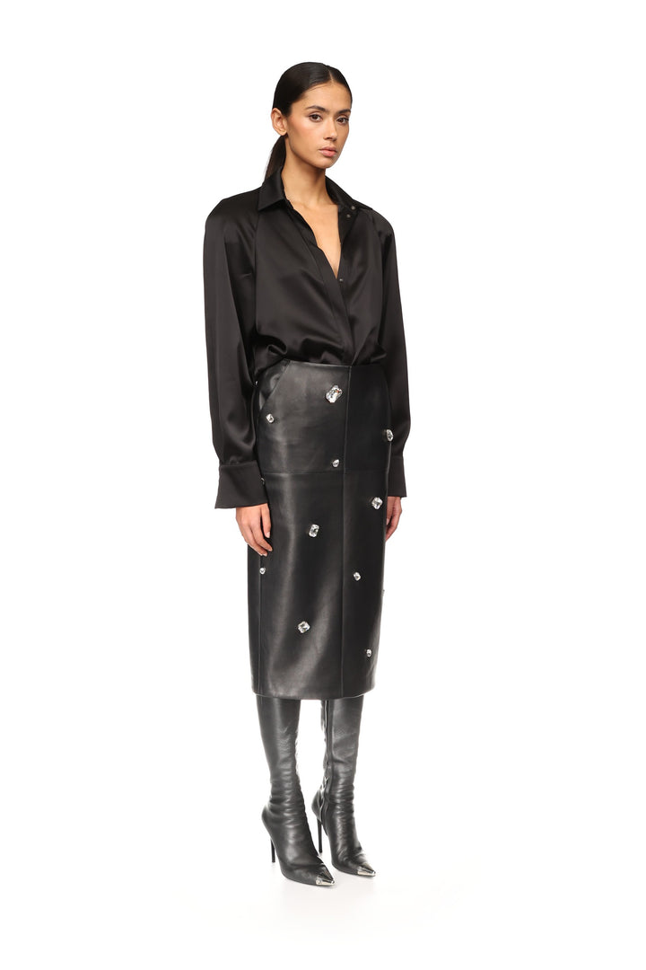 ALLOVER CRYSTAL EMBROIDERED LEATHER MIDI SKIRT