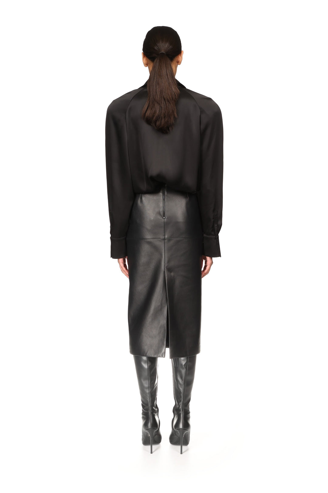 ALLOVER CRYSTAL EMBROIDERED LEATHER MIDI SKIRT