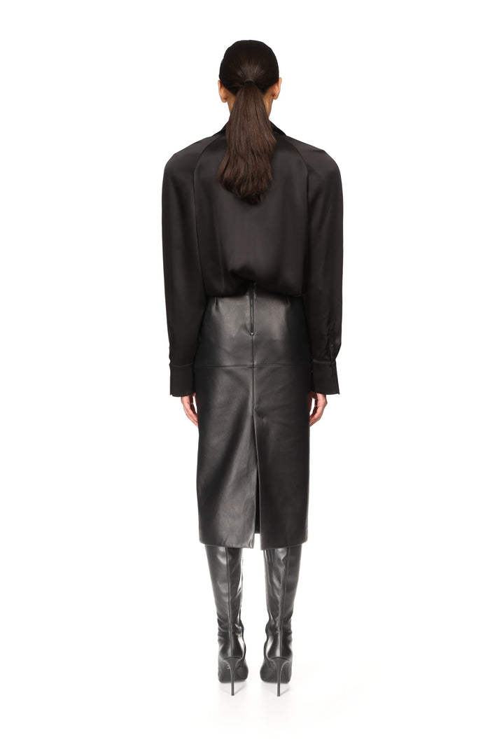 ALLOVER CRYSTAL EMBROIDERED LEATHER MIDI SKIRT