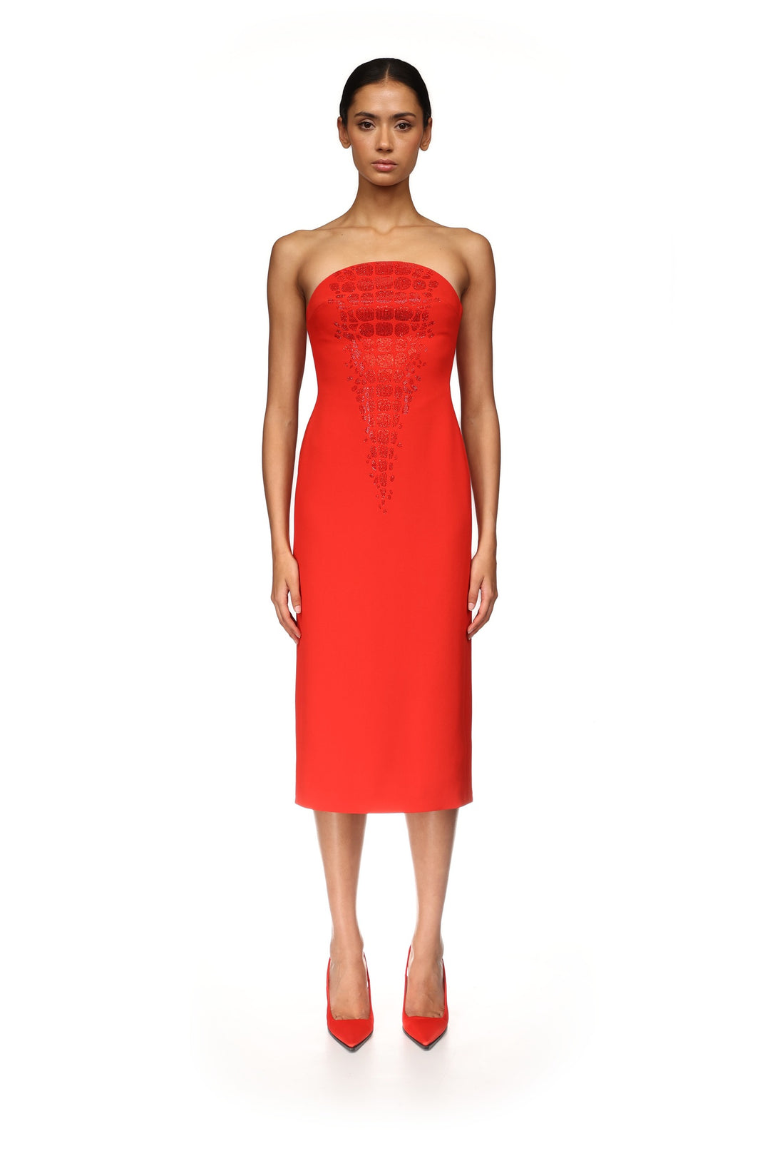 CROC RHINESTONE EMBROIDERY STRAPLESS MIDI DRESS
