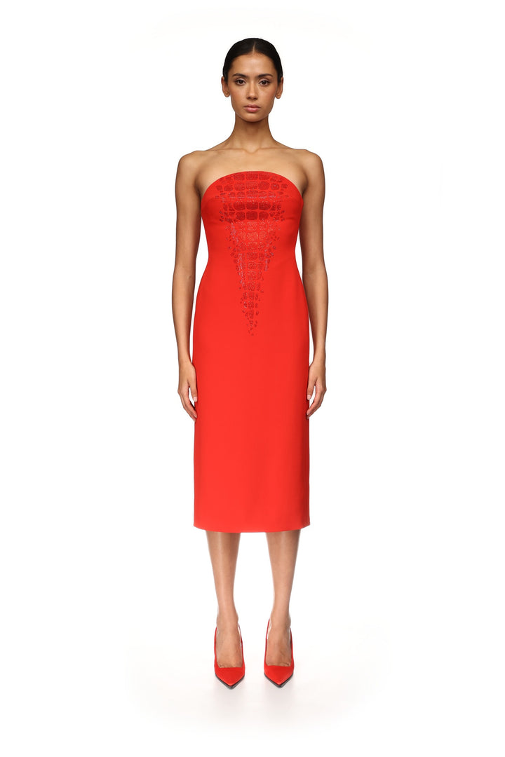CROC RHINESTONE EMBROIDERY STRAPLESS MIDI DRESS