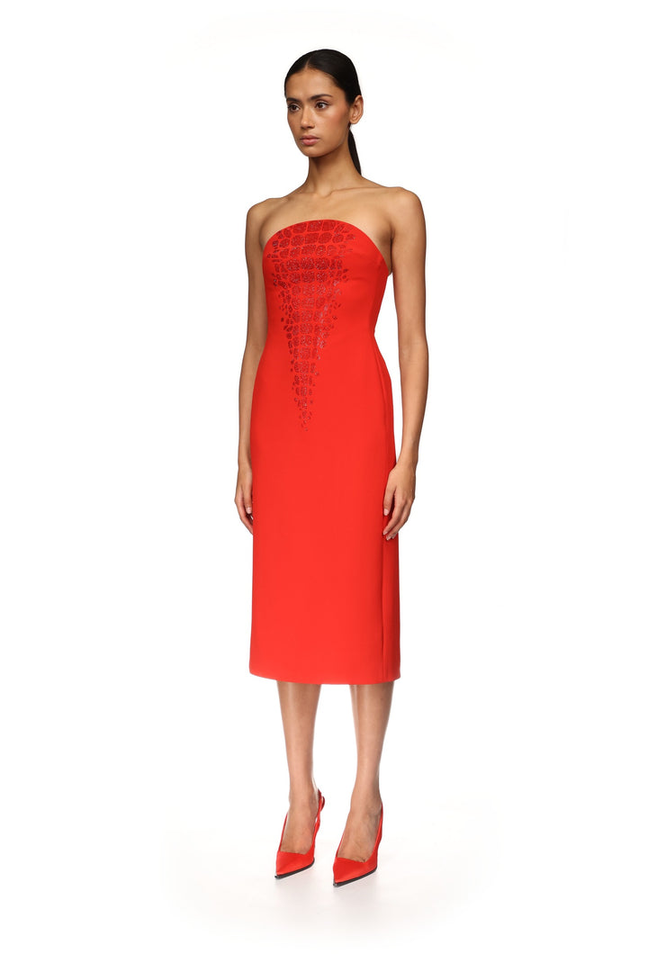CROC RHINESTONE EMBROIDERY STRAPLESS MIDI DRESS