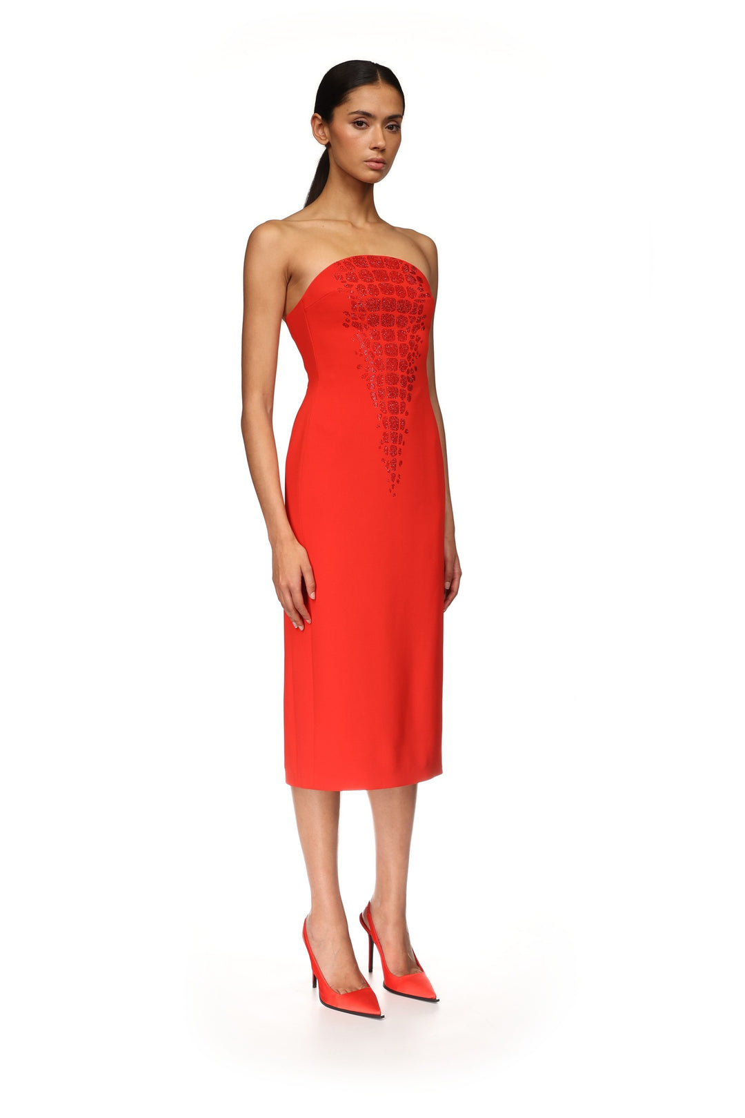 CROC RHINESTONE EMBROIDERY STRAPLESS MIDI DRESS