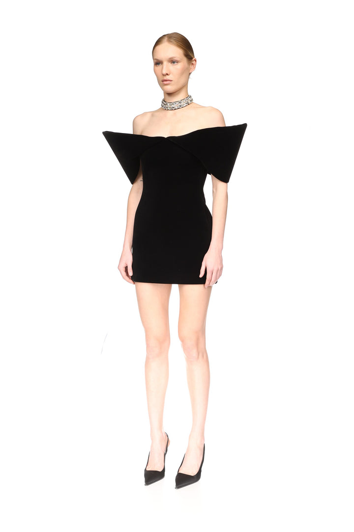OFF SHOULDER SCULPTURED MINI DRESS IN BLACK