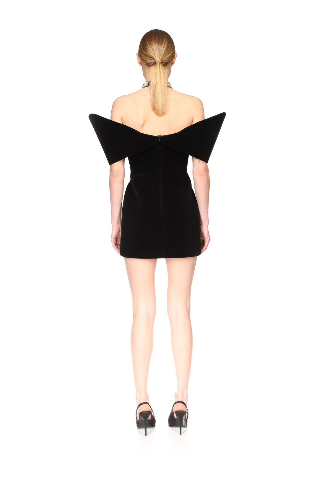 OFF SHOULDER SCULPTURED MINI DRESS IN BLACK