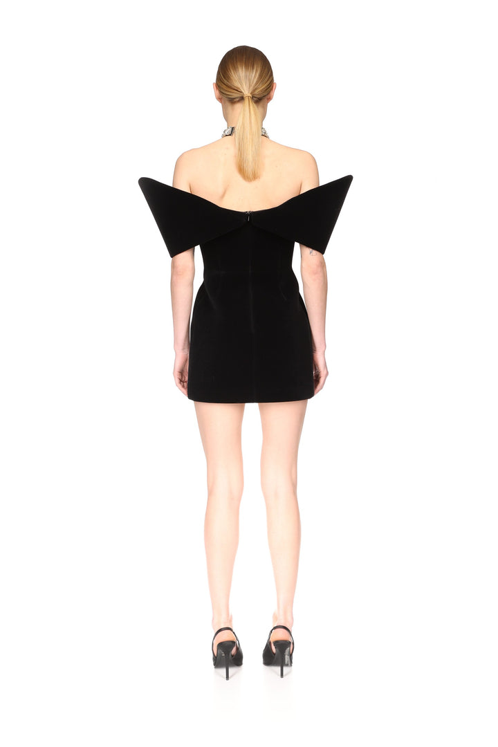 OFF SHOULDER SCULPTURED MINI DRESS IN BLACK