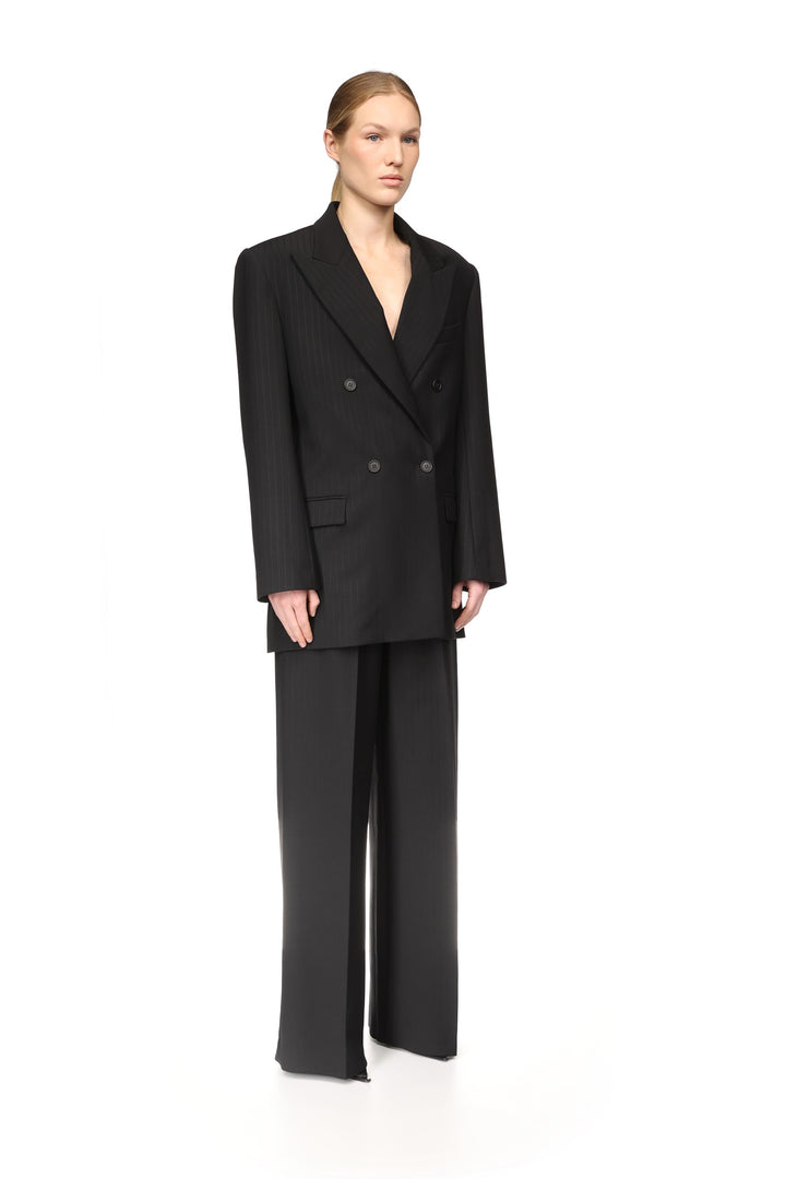 PINSTRIPE WOOL TAILORED TROUSERS WITH CRYSTAL BUCKLE BELT