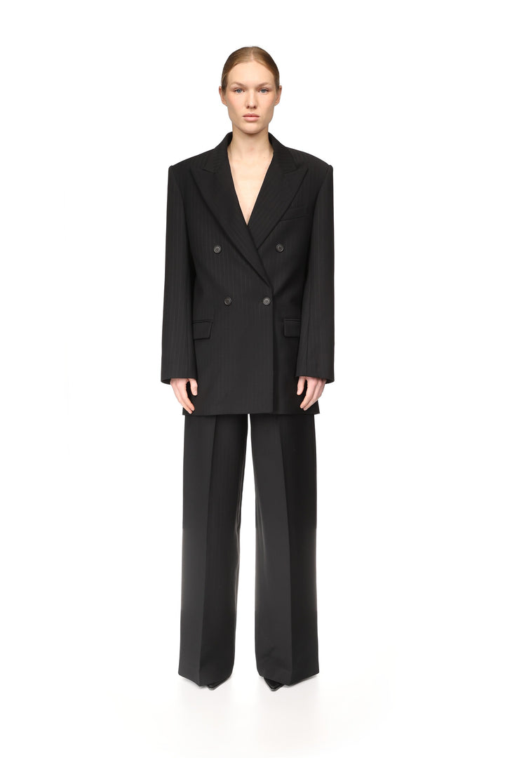 PINSTRIPE WOOL TAILORED TROUSERS WITH CRYSTAL BUCKLE BELT