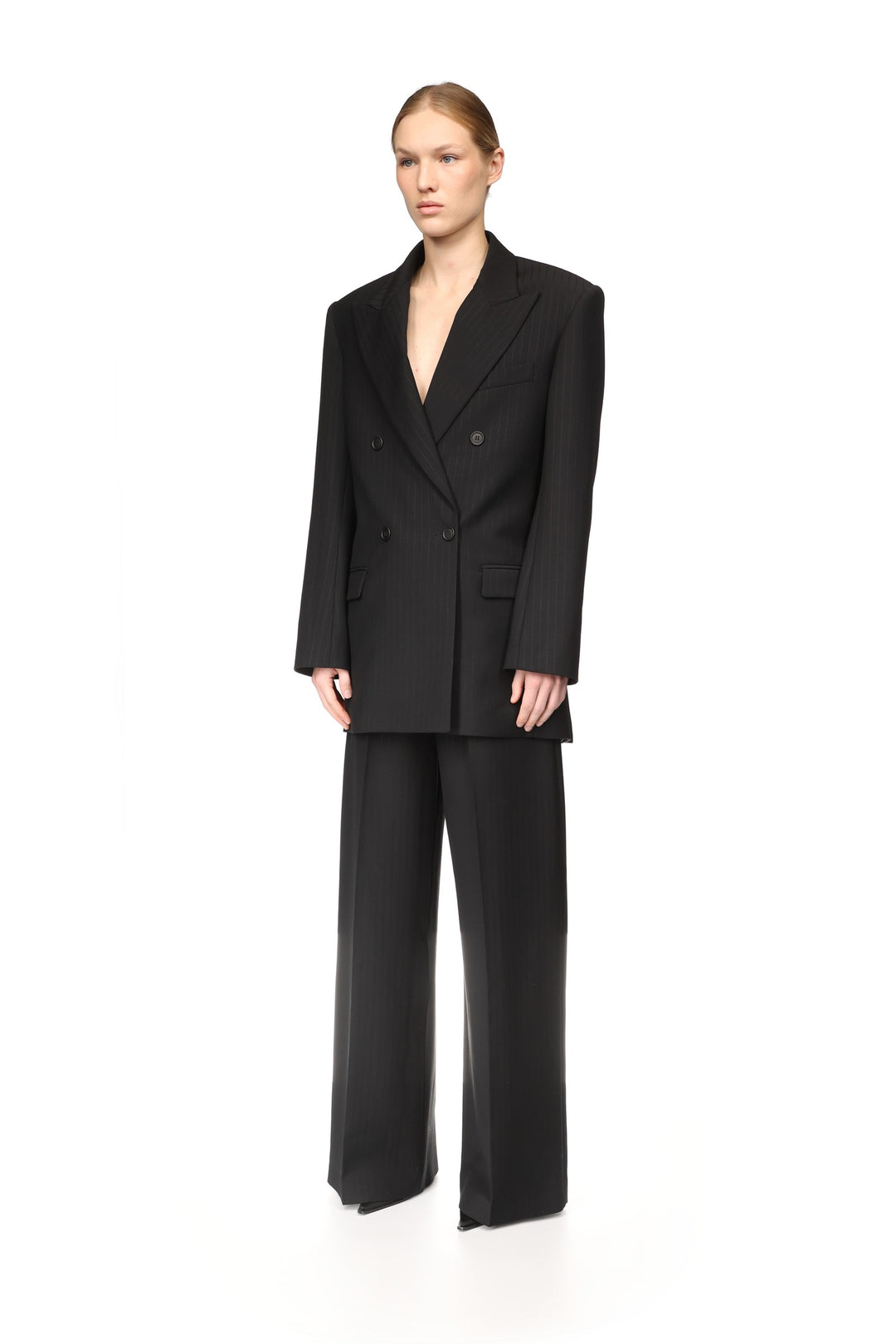 PINSTRIPE WOOL TAILORED TROUSERS WITH CRYSTAL BUCKLE BELT