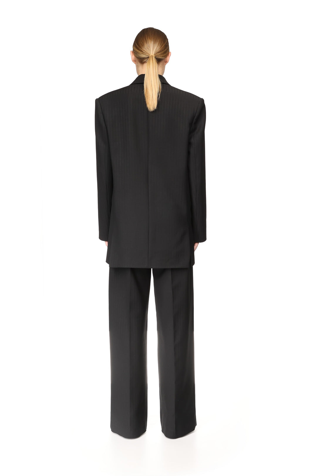 PINSTRIPE WOOL TAILORED TROUSERS WITH CRYSTAL BUCKLE BELT
