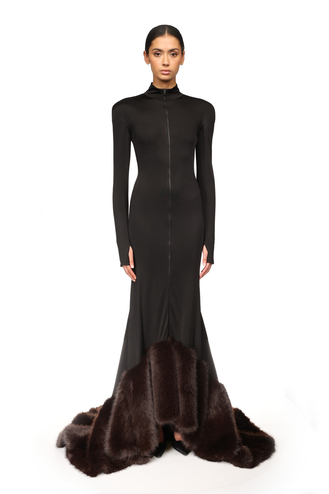 LONG SLEEVE GOWN WITH FAUX-FUR HEM
