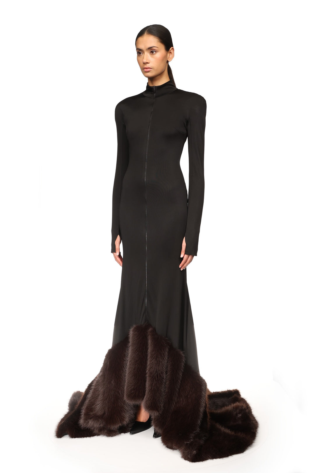 LONG SLEEVE GOWN WITH FAUX-FUR HEM