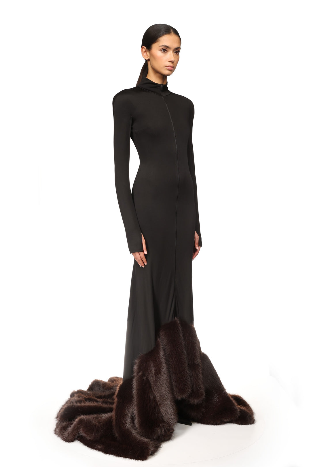 LONG SLEEVE GOWN WITH FAUX-FUR HEM