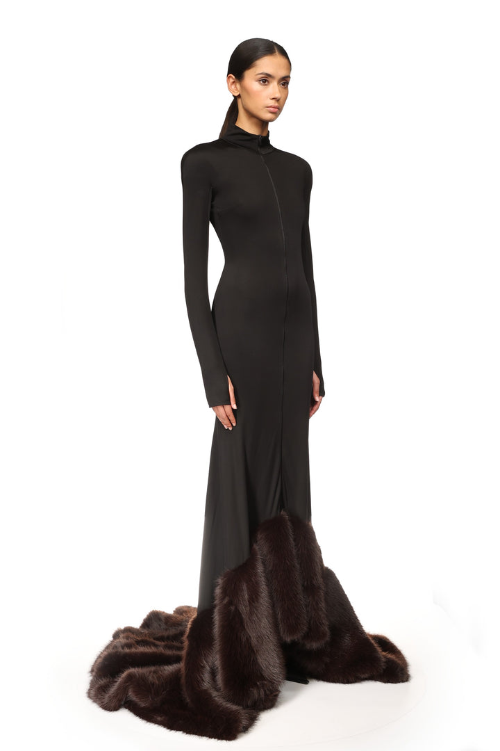 LONG SLEEVE GOWN WITH FAUX-FUR HEM
