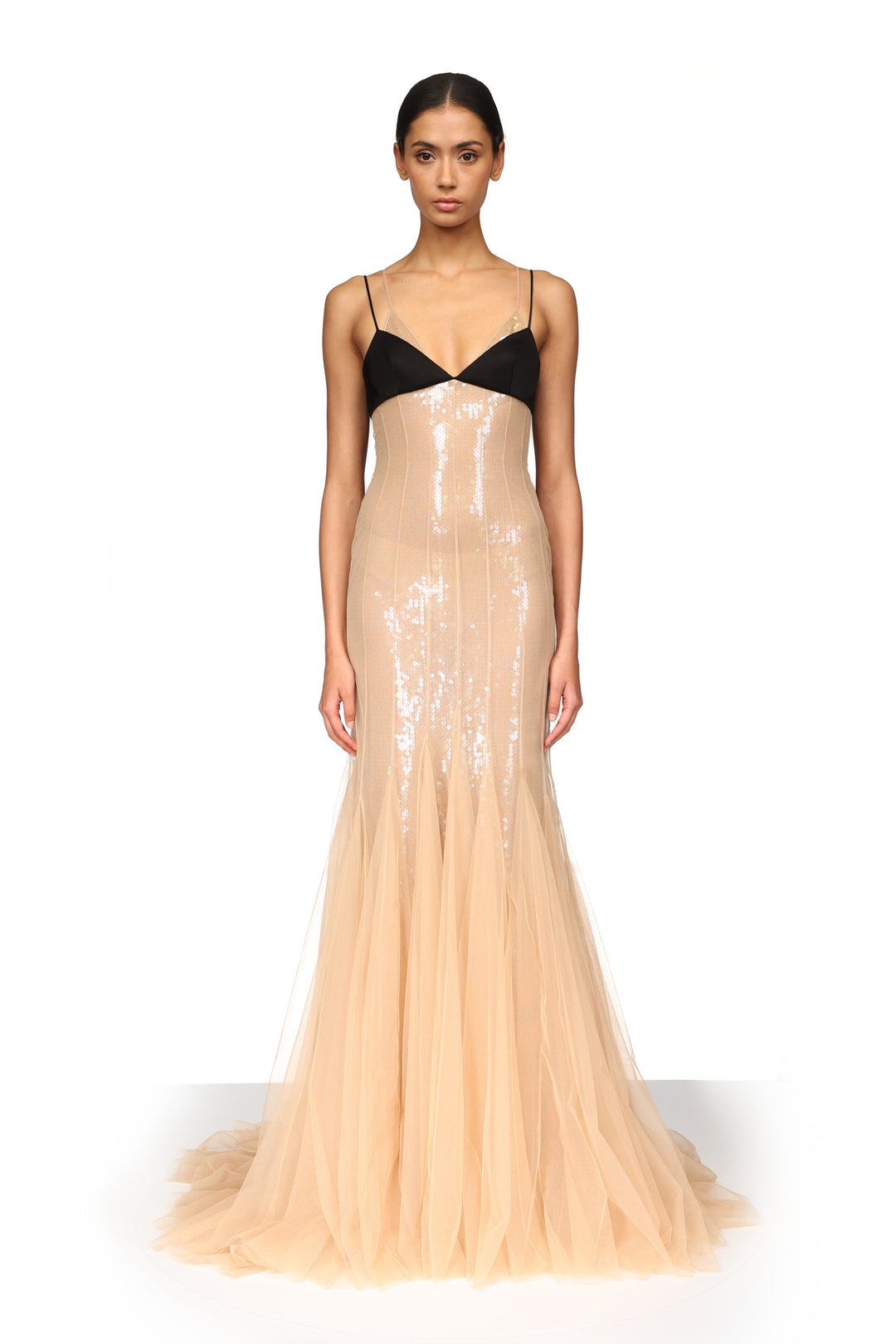 SATIN BRA AND SEQUIN UNDERLAY TULLE GOWN