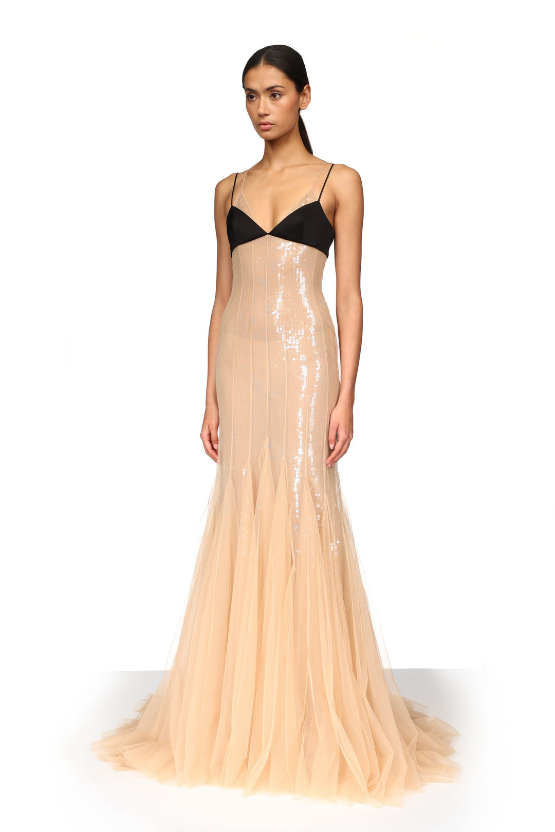 SATIN BRA AND SEQUIN UNDERLAY TULLE GOWN