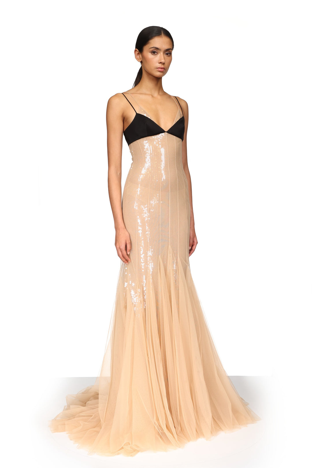 SATIN BRA AND SEQUIN UNDERLAY TULLE GOWN