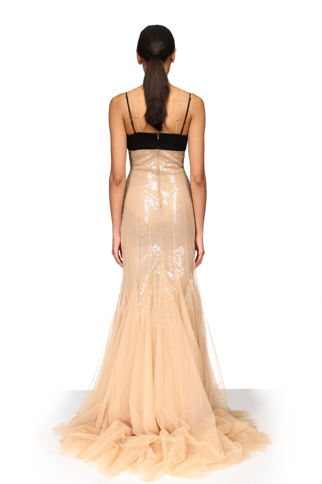 SATIN BRA AND SEQUIN UNDERLAY TULLE GOWN
