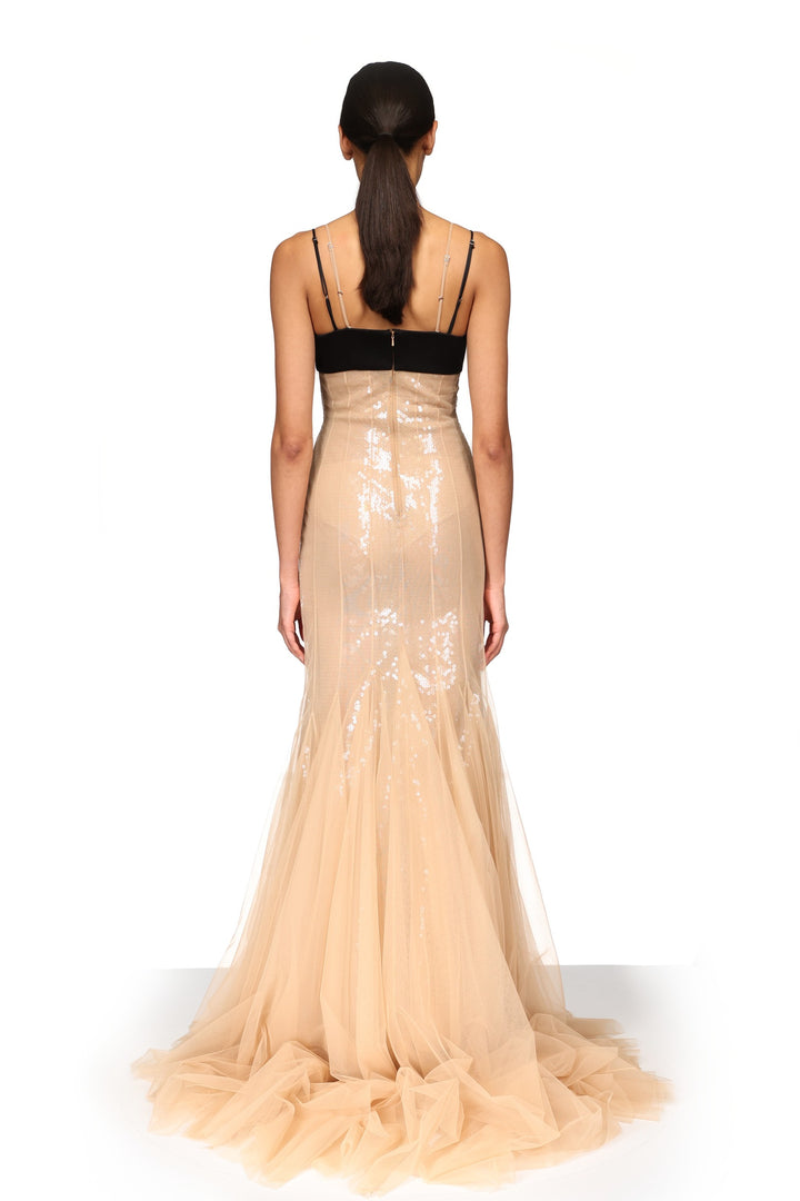 SATIN BRA AND SEQUIN UNDERLAY TULLE GOWN