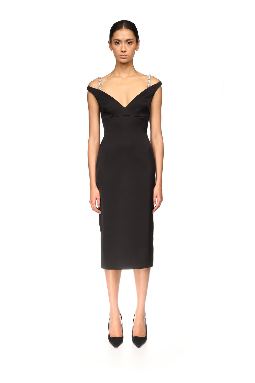 CRYSTAL STRAP DETAIL MIDI DRESS